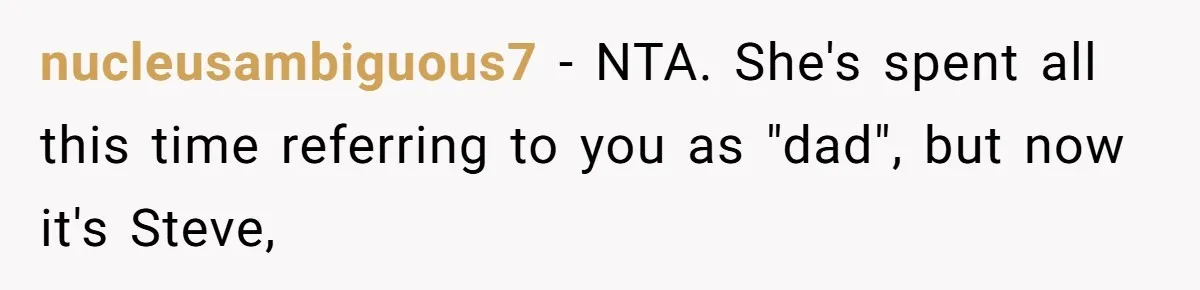 Man Gets Upset After Wife Keeps Referring To Him By First Name In Front Of Their Kids nucleusambiguous7 − NTA. She's spent all this time referring to you as "dad", but now it's Steve,