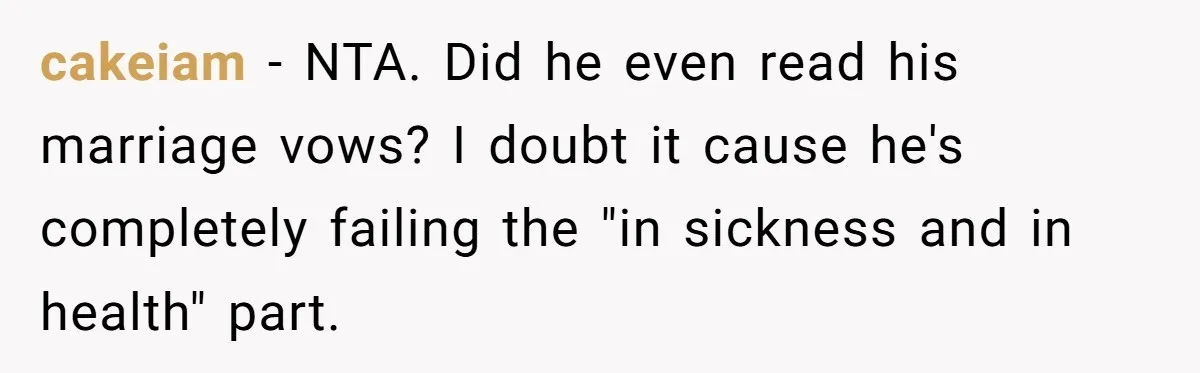cakeiam − NTA. Did he even read his marriage vows? I doubt it cause he's completely failing the "in sickness and in health" part.