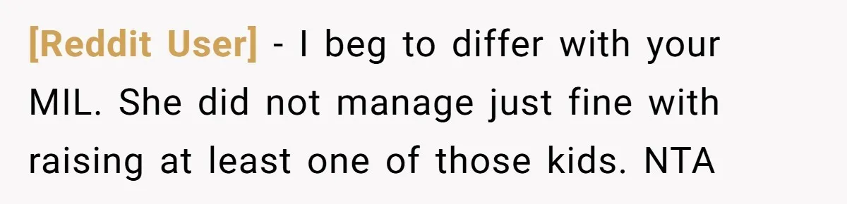 [Reddit User] − I beg to differ with your MIL. She did not manage just fine with raising at least one of those kids. NTA