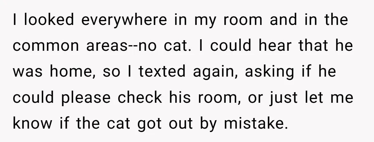 I looked everywhere in my room and in the common areas--no cat. I could hear that he was home, so I texted again, asking if he could please check his...