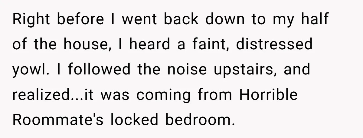 Right before I went back down to my half of the house, I heard a faint, distressed yowl. I followed the noise upstairs, and realized...it was coming from Horrible Roommate's...