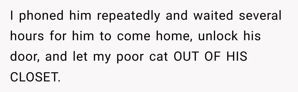 I phoned him repeatedly and waited several hours for him to come home, unlock his door, and let my poor cat OUT OF HIS CLOSET.