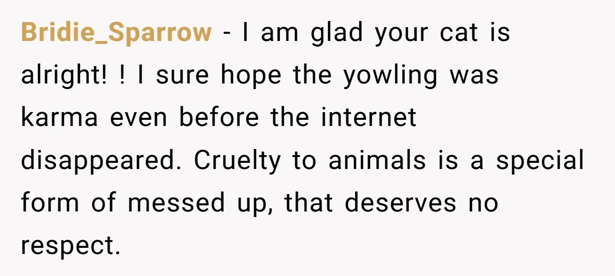 Bridie_Sparrow − I am glad your cat is alright! ! I sure hope the yowling was karma even before the internet disappeared. Cruelty to animals is a special form of...
