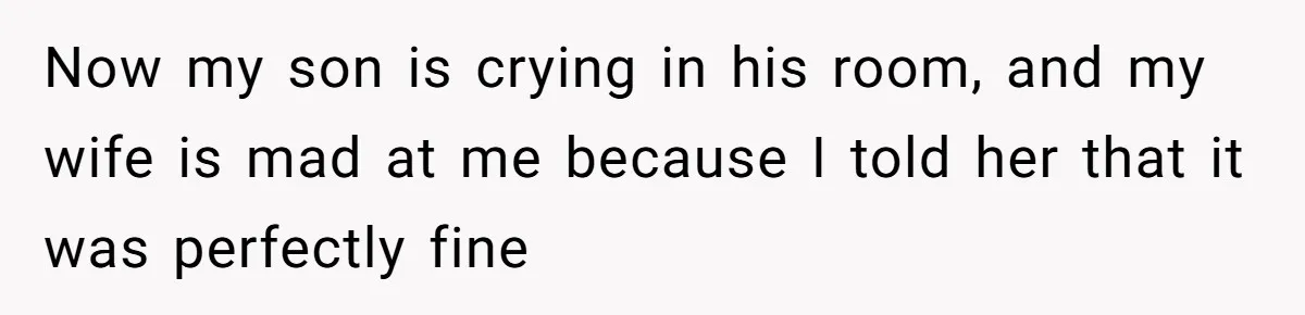 Now my son is crying in his room, and my wife is mad at me because I told her that it was perfectly fine