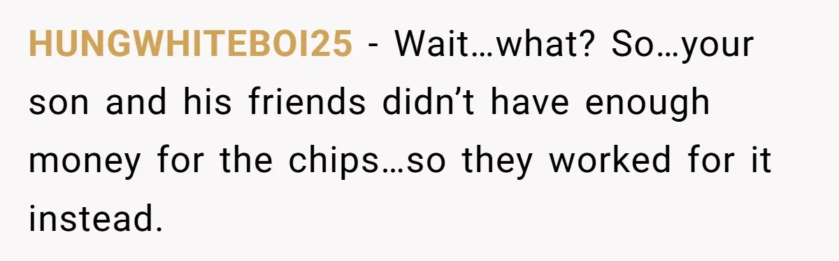 HUNGWHITEBOI25 − Wait…what? So…your son and his friends didn’t have enough money for the chips…so they worked for it instead.