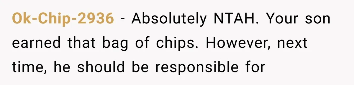 Ok-Chip-2936 − Absolutely NTAH. Your son earned that bag of chips. However, next time, he should be responsible for