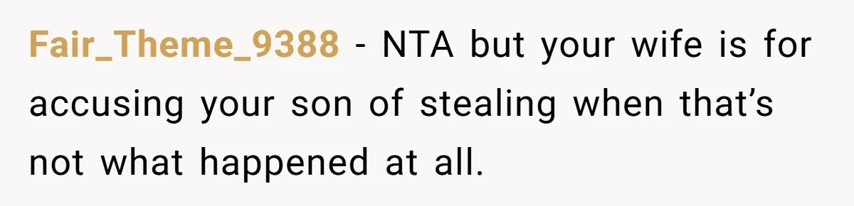 Fair_Theme_9388 − NTA but your wife is for accusing your son of stealing when that’s not what happened at all.