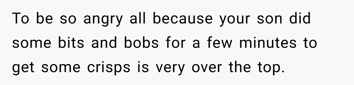 To be so angry all because your son did some bits and bobs for a few minutes to get some crisps is very over the top.