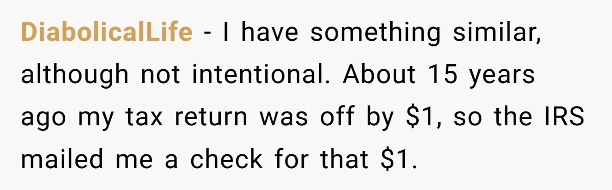 DiabolicalLife − I have something similar, although not intentional. About 15 years ago my tax return was off by $1, so the IRS mailed me a check for that $1.