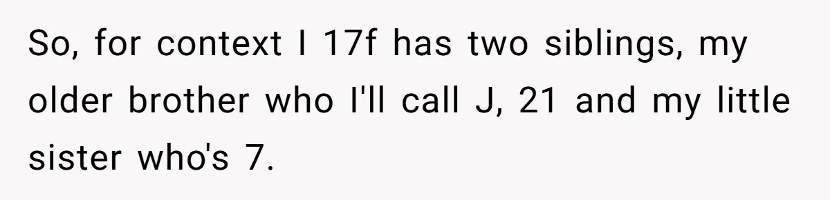 So, for context I 17f has two siblings, my older brother who I'll call J, 21 and my little sister who's 7.