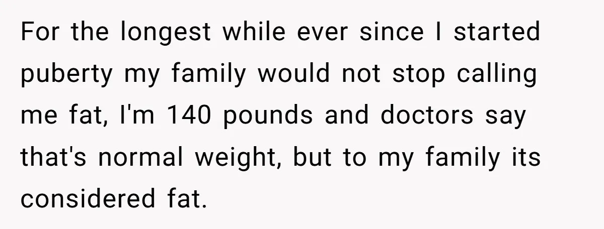 For the longest while ever since I started puberty my family would not stop calling me fat, I'm 140 pounds and doctors say that's normal weight, but to my family...