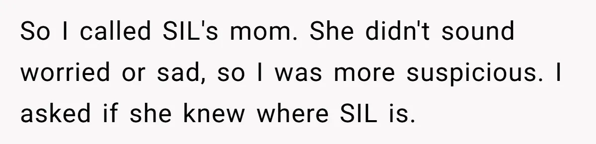 So I called SIL's mom. She didn't sound worried or sad, so I was more suspicious. I asked if she knew where SIL is.