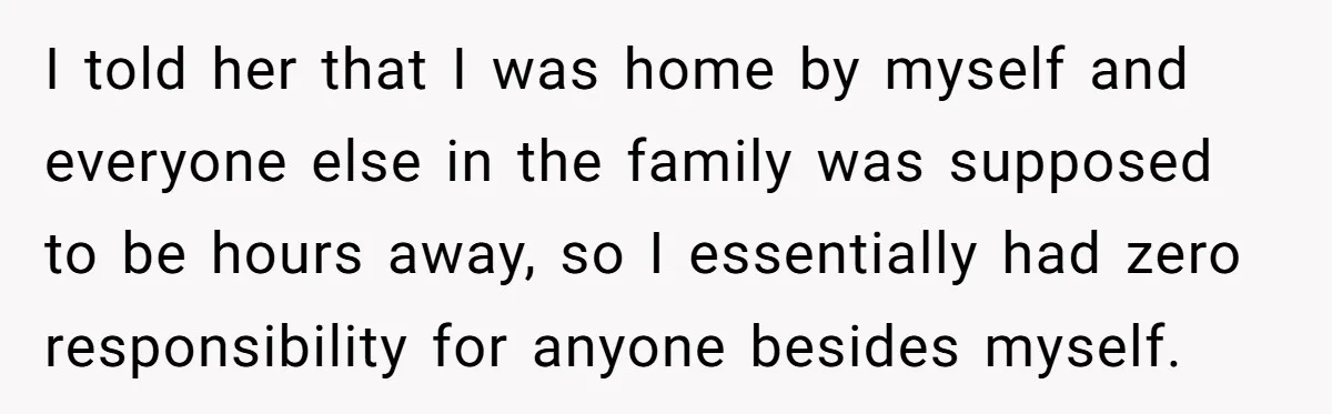 I told her that I was home by myself and everyone else in the family was supposed to be hours away, so I essentially had zero responsibility for anyone besides...