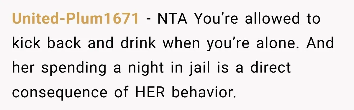 United-Plum1671 − NTA You’re allowed to kick back and drink when you’re alone. And her spending a night in jail is a direct consequence of HER behavior.