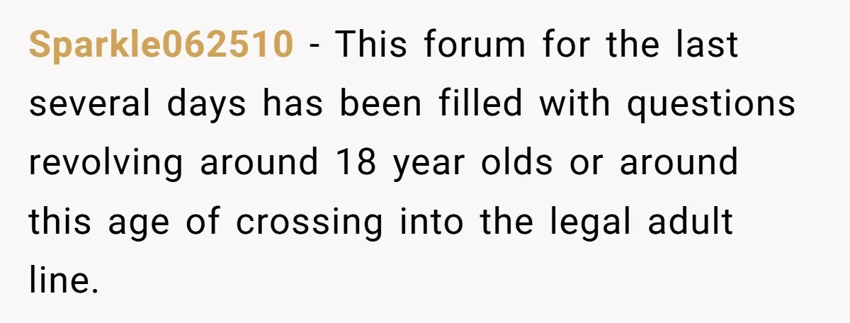Sparkle062510 − This forum for the last several days has been filled with questions revolving around 18 year olds or around this age of crossing into the legal adult line.