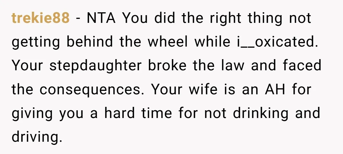 trekie88 − NTA You did the right thing not getting behind the wheel while i__oxicated. Your stepdaughter broke the law and faced the consequences. Your wife is an AH for...