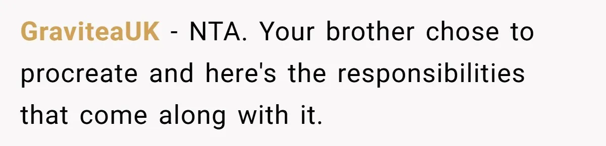 GraviteaUK − NTA. Your brother chose to procreate and here's the responsibilities that come along with it.