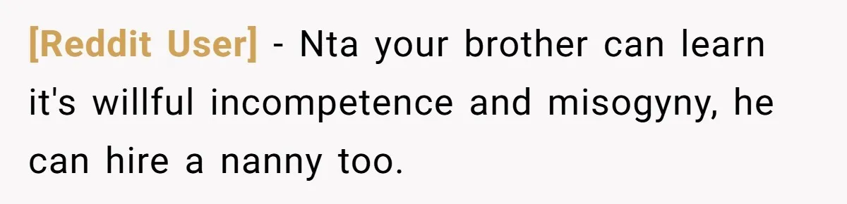 [Reddit User] − Nta your brother can learn it's willful incompetence and misogyny, he can hire a nanny too.