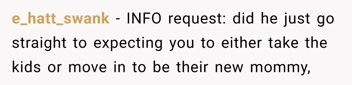 e_hatt_swank − INFO request: did he just go straight to expecting you to either take the kids or move in to be their new mommy,