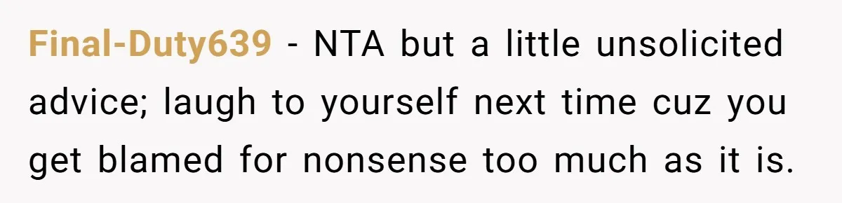 Final-Duty639 − NTA but a little unsolicited advice; laugh to yourself next time cuz you get blamed for nonsense too much as it is.