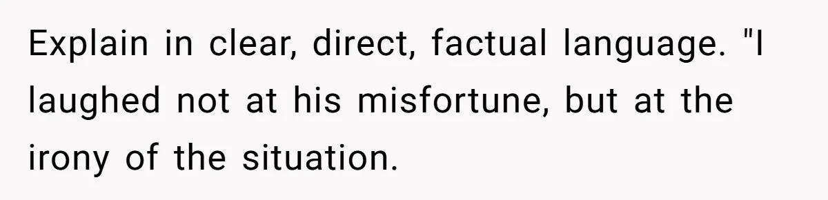 Explain in clear, direct, factual language. "I laughed not at his misfortune, but at the irony of the situation.