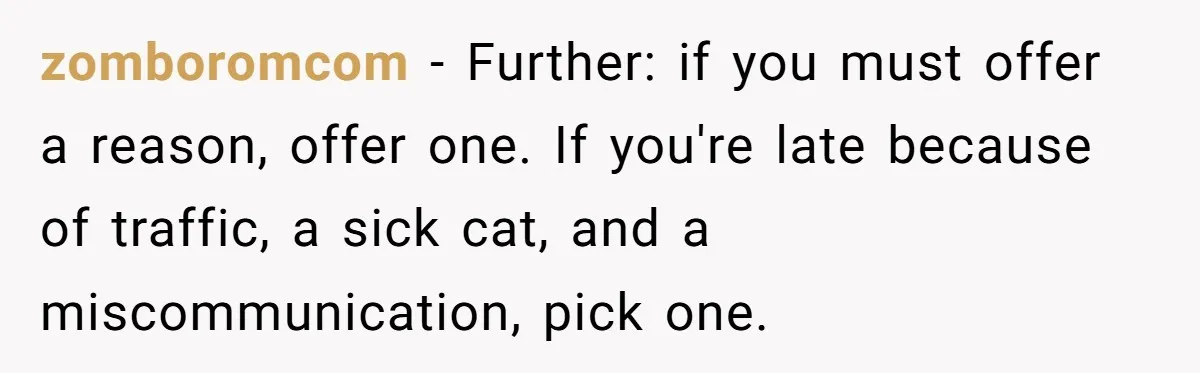 zomboromcom − Further: if you must offer a reason, offer one. If you're late because of traffic, a sick cat, and a miscommunication, pick one.