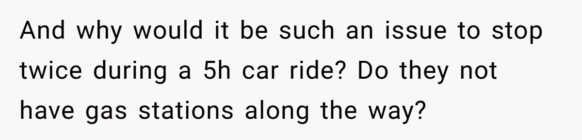 And why would it be such an issue to stop twice during a 5h car ride? Do they not have gas stations along the way?