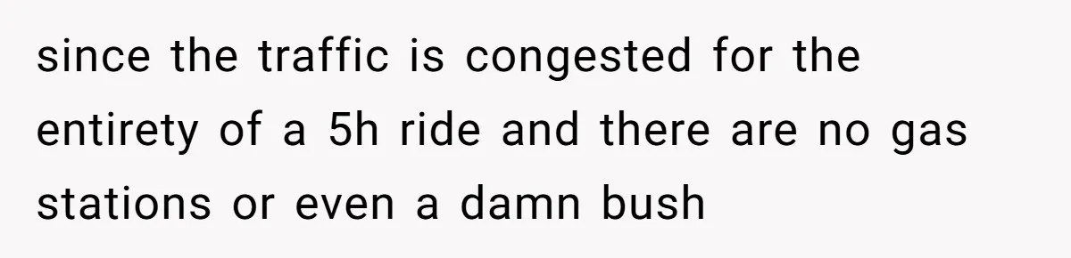 since the traffic is congested for the entirety of a 5h ride and there are no gas stations or even a damn bush