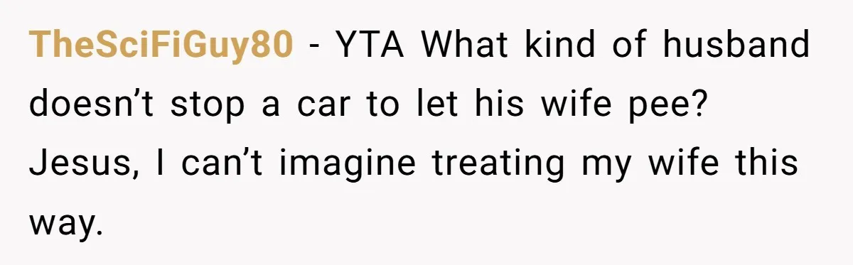 TheSciFiGuy80 − YTA What kind of husband doesn’t stop a car to let his wife pee? Jesus, I can’t imagine treating my wife this way.