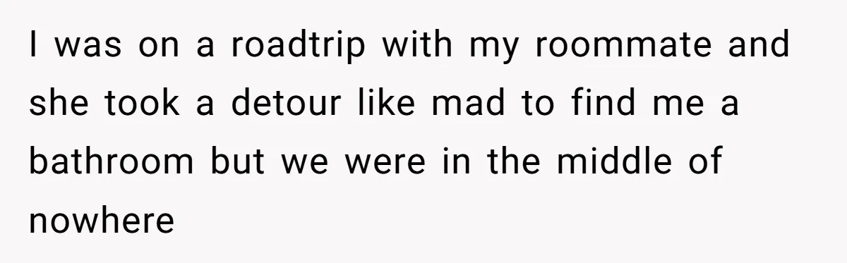 I was on a roadtrip with my roommate and she took a detour like mad to find me a bathroom but we were in the middle of nowhere