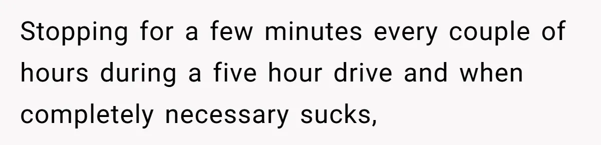 Stopping for a few minutes every couple of hours during a five hour drive and when completely necessary sucks,