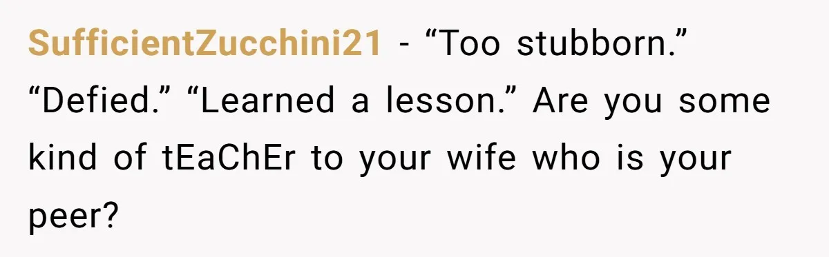 SufficientZucchini21 − “Too stubborn.” “Defied.” “Learned a lesson.” Are you some kind of tEaChEr to your wife who is your peer?