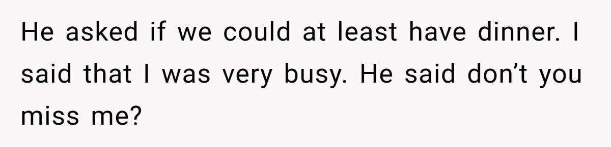 He asked if we could at least have dinner. I said that I was very busy. He said don’t you miss me?