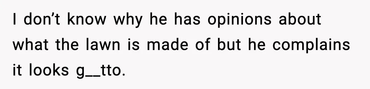 I don’t know why he has opinions about what the lawn is made of but he complains it looks g__tto.