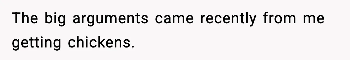The big arguments came recently from me getting chickens.