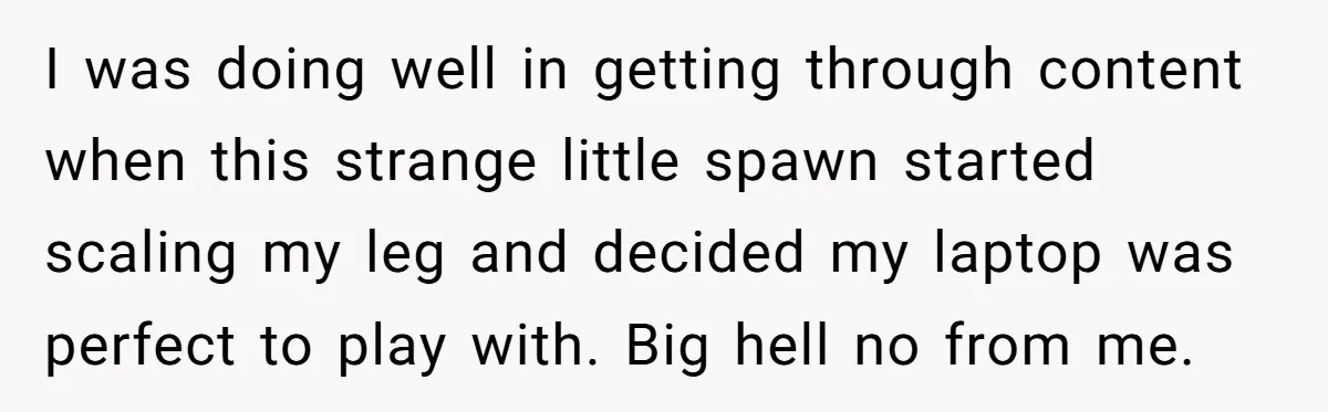 I was doing well in getting through content when this strange little spawn started scaling my leg and decided my laptop was perfect to play with. Big hell no from...