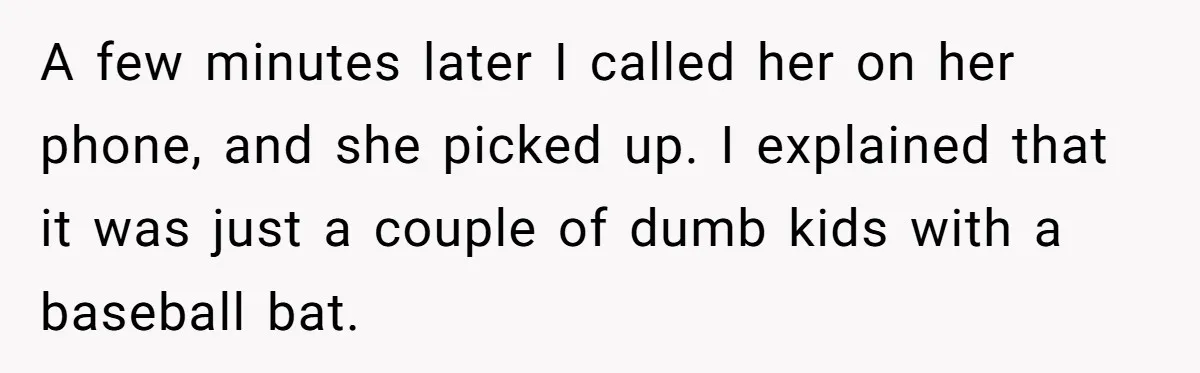 A few minutes later I called her on her phone, and she picked up. I explained that it was just a couple of dumb kids with a baseball bat.
