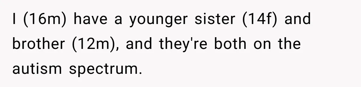 I (16m) have a younger sister (14f) and brother (12m), and they're both on the autism spectrum.