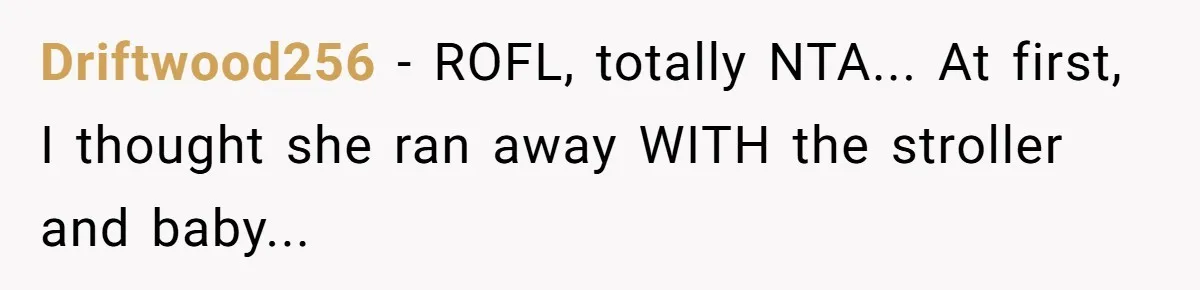 Driftwood256 − ROFL, totally NTA... At first, I thought she ran away WITH the stroller and baby...