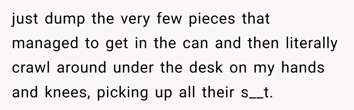 just dump the very few pieces that managed to get in the can and then literally crawl around under the desk on my hands and knees, picking up all their...