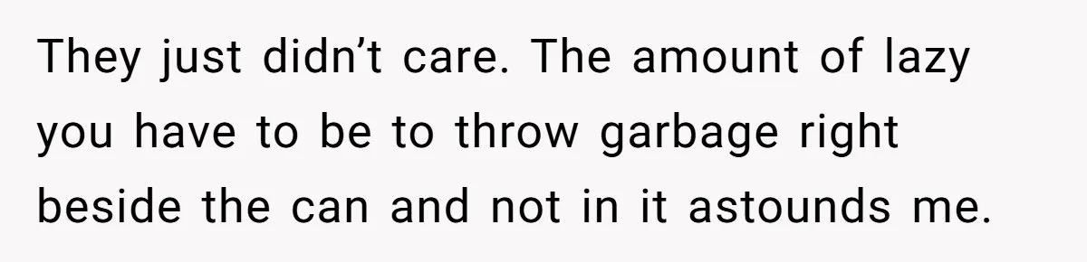 They just didn’t care. The amount of lazy you have to be to throw garbage right beside the can and not in it astounds me.