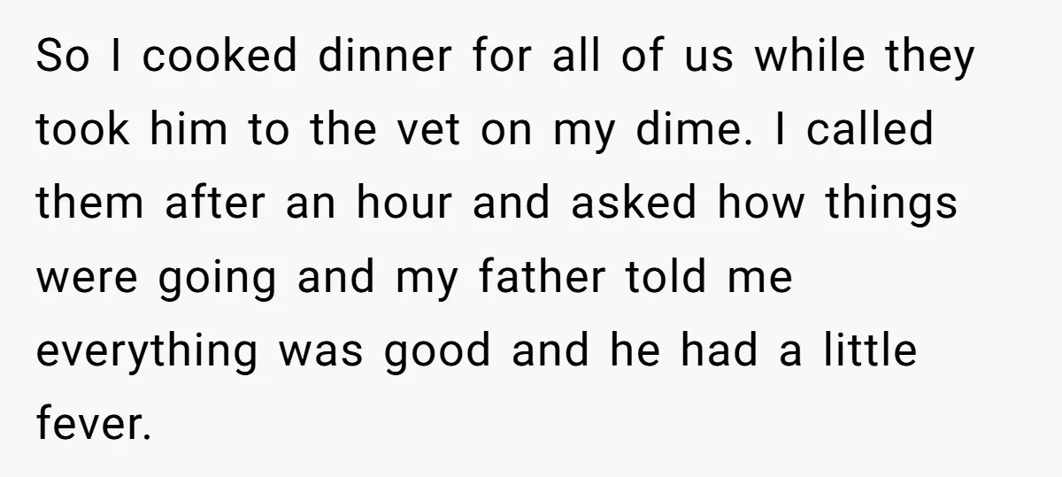 So I cooked dinner for all of us while they took him to the vet on my dime. I called them after an hour and asked how things were going...