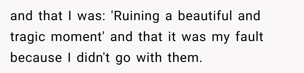 and that I was: 'Ruining a beautiful and tragic moment' and that it was my fault because I didn't go with them.