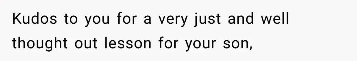 Kudos to you for a very just and well thought out lesson for your son,
