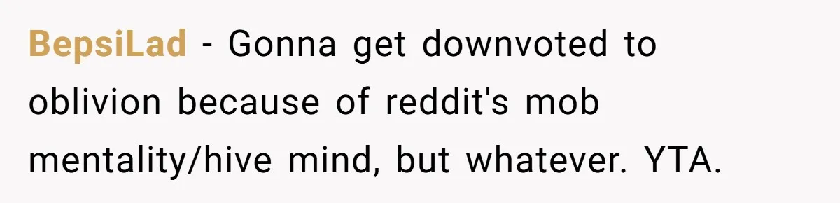 BepsiLad − Gonna get downvoted to oblivion because of reddit's mob mentality/hive mind, but whatever. YTA.