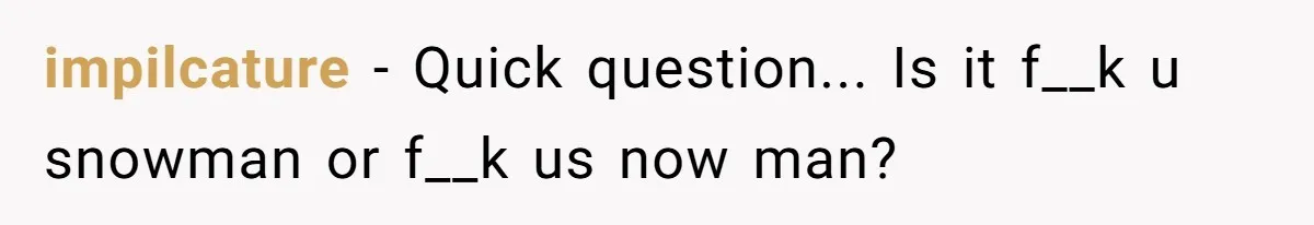 impilcature − Quick question... Is it f__k u snowman or f__k us now man?