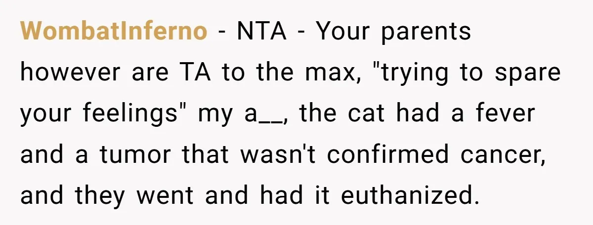 WombatInferno − NTA - Your parents however are TA to the max, "trying to spare your feelings" my a__, the cat had a fever and a tumor that wasn't confirmed...