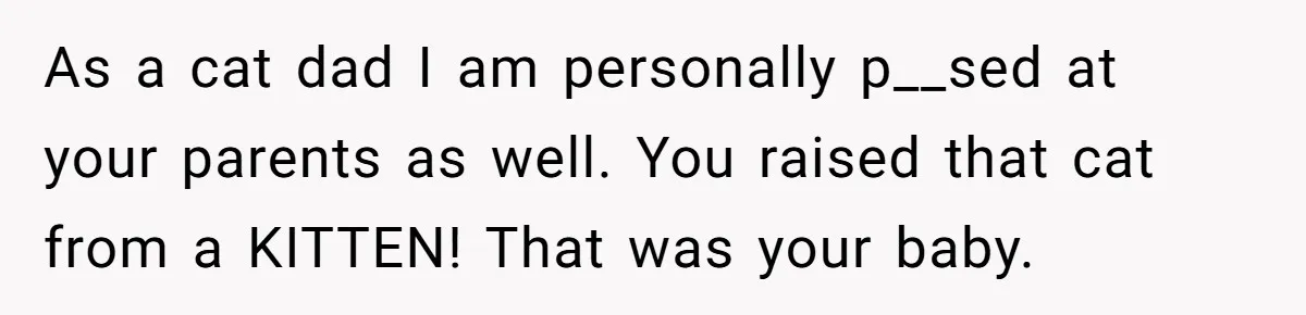 As a cat dad I am personally p__sed at your parents as well. You raised that cat from a KITTEN! That was your baby.