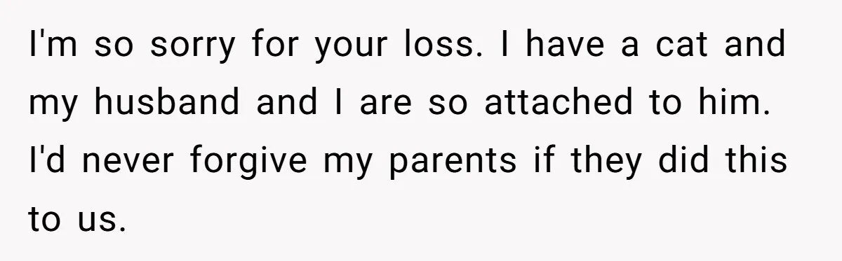 I'm so sorry for your loss. I have a cat and my husband and I are so attached to him. I'd never forgive my parents if they did this to...