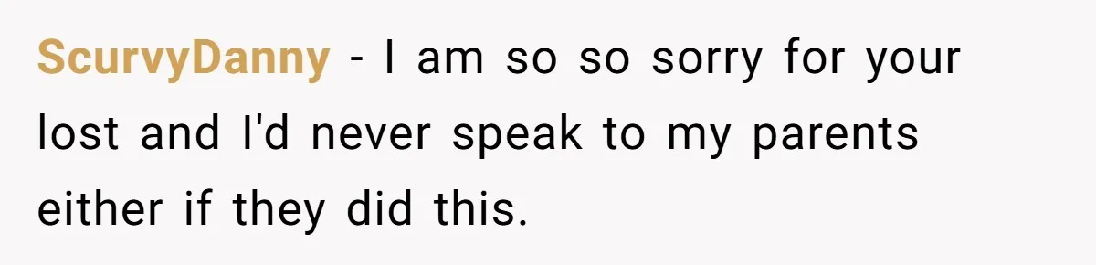 ScurvyDanny − I am so so sorry for your lost and I'd never speak to my parents either if they did this.